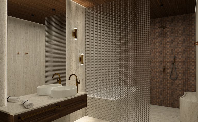 Wnętrze łazienki z umywalkami, drewnianymi detalami, w stylu art deco i eklektycznym.