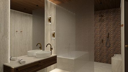 Wnętrze łazienki z umywalkami, drewnianymi detalami, w stylu art deco i eklektycznym.