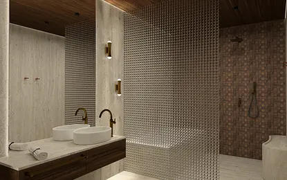 Wnętrze łazienki z umywalkami, drewnianymi detalami, w stylu art deco i eklektycznym.