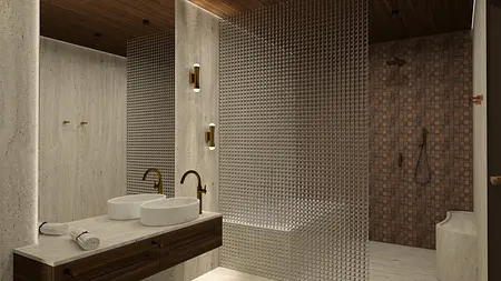 Wnętrze łazienki z umywalkami, drewnianymi detalami, w stylu art deco i eklektycznym.