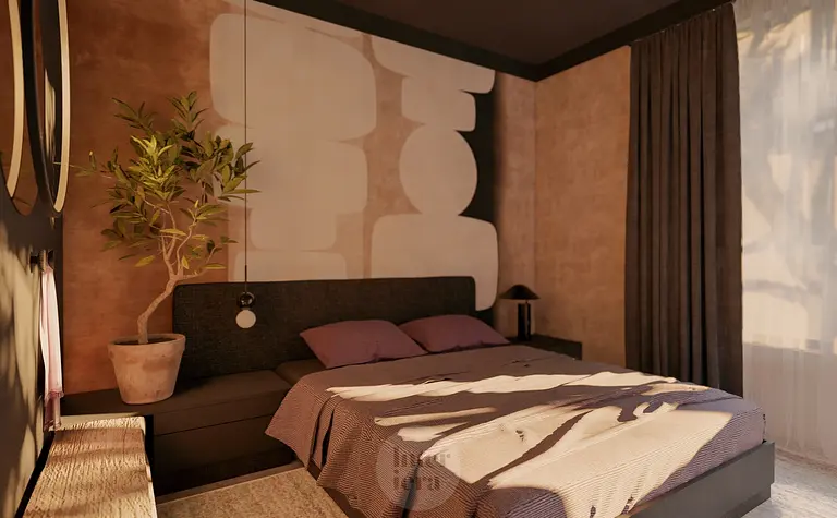 Wnętrze sypialni w stylu eklektycznym i japandi z rośliną i minimalistycznym oświetleniem.
