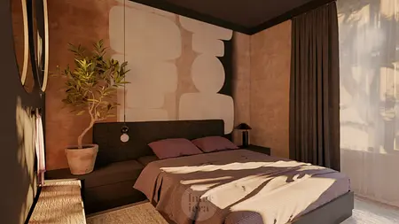 Wnętrze sypialni w stylu eklektycznym i japandi z rośliną i minimalistycznym oświetleniem.