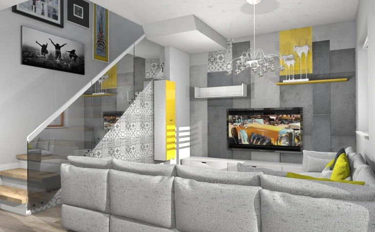 Wnętrze salonu w stylu dopamine decor, japandi i soft minimalizm z szarym narożnikiem.