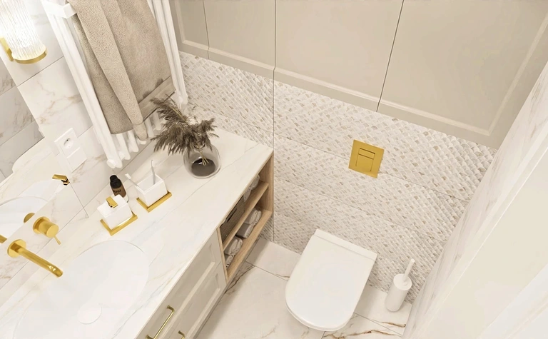 Wnętrze łazienki z białymi meblami, złotymi detalami, tradycyjne i nowoczesne.