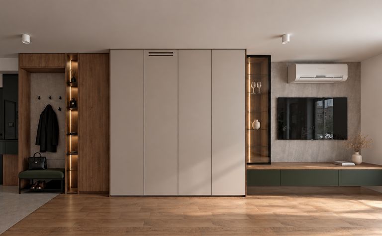 Wnętrze przedpokoju w stylu japandi, minimalistycznym, quiet luxury, współczesnym