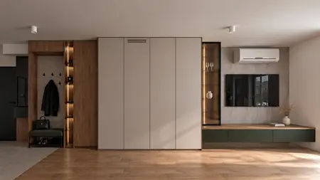 Wnętrze przedpokoju w stylu japandi, minimalistycznym, quiet luxury, współczesnym