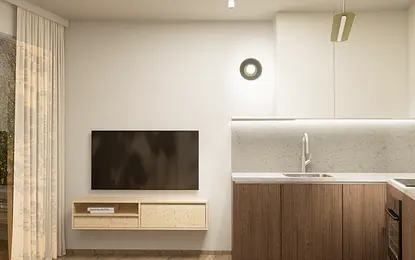 Nowoczesna kuchnia w stylu japandi z drewnianymi meblami i minimalistycznym wystrojem.