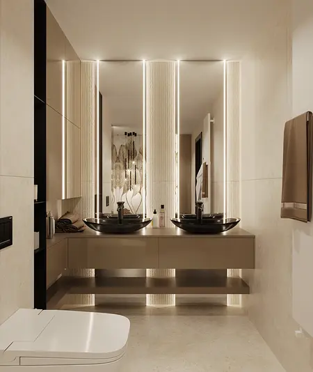 Wnętrze łazienki z umywalkami, oświetleniem i dekoracjami art deco, glamour, soft minimalizm, tradycyjny.
