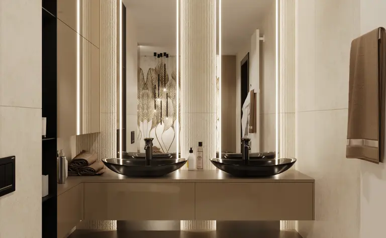 Wnętrze łazienki z umywalkami, oświetleniem i dekoracjami art deco, glamour, soft minimalizm, tradycyjny.