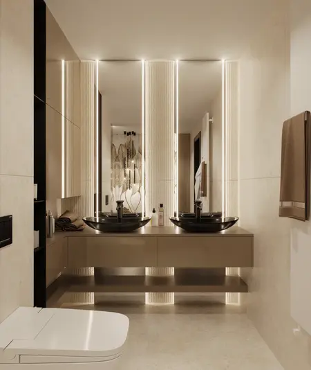 Wnętrze łazienki z umywalkami, oświetleniem i dekoracjami art deco, glamour, soft minimalizm, tradycyjny.