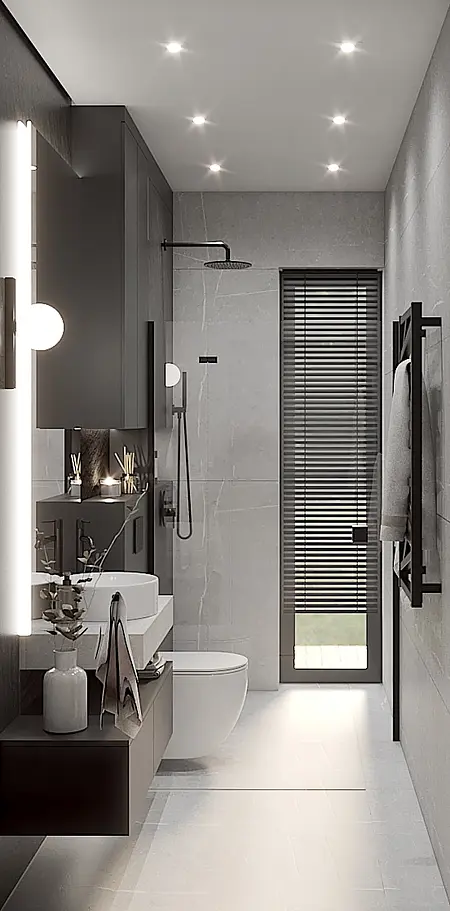 Nowoczesna łazienka z minimalistycznym wystrojem, czarne meble i jasne płytki.