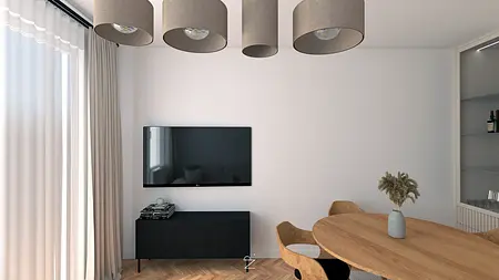 Wnętrze z telewizorem, drewnianym stołem i zasłonami w stylu boho, skandynawskim i współczesnym.