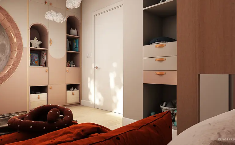 Pokój dziecięcy z kolorowymi meblami i przytulnymi akcentami w stylu nowoczesnym.