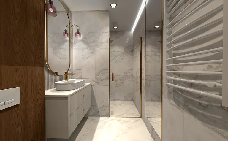 Współczesna łazienka z białą umywalką, drewnianymi detalami i szklanym prysznicem.