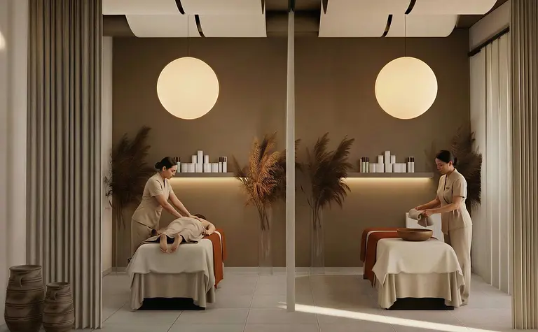 Wnętrze gabinetu wellness z dwoma łóżkami do masażu i roślinami.