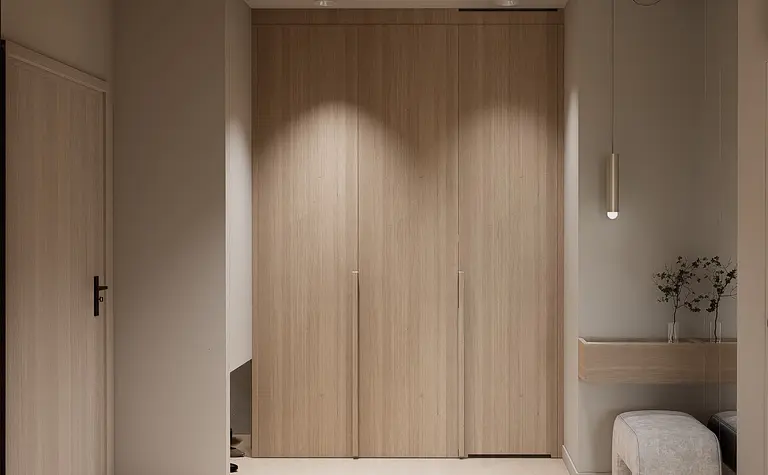 Nowoczesny przedpokój z drewnianymi szafkami, minimalistycznym oświetleniem, w stylu japandi.