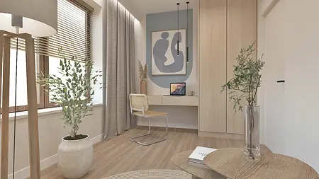 Wnętrze biura w stylu boho, japandi, minimalistycznym z roślinami.