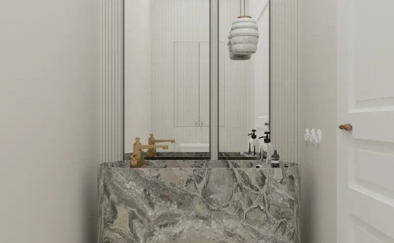 Wnętrze łazienki w stylu art deco, minimaluxe i quiet luxury z marmurową umywalką.