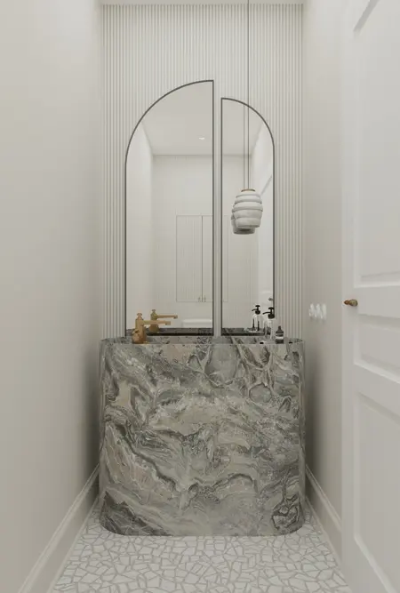 Wnętrze łazienki w stylu art deco, minimaluxe i quiet luxury z marmurową umywalką.