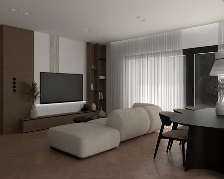 Wnętrze salonu w stylu glamour i współczesnym z szarym narożnikiem i drewnianymi detalami.