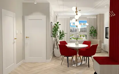 Wnętrze jadalni z glamour i nowoczesnym stylem, okrągły stół i czerwone krzesła.