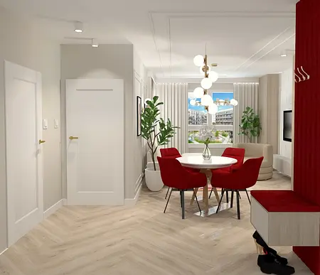 Wnętrze jadalni z glamour i nowoczesnym stylem, okrągły stół i czerwone krzesła.