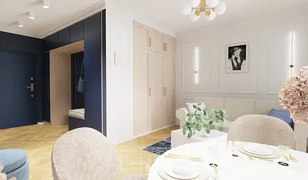 Wnętrze przedpokoju z nowoczesnym stylem, quiet luxury i tradycyjnymi elementami.