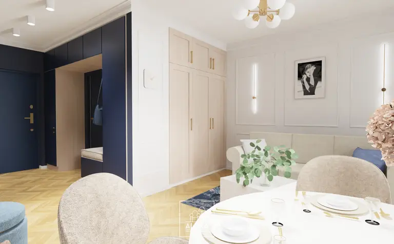 Wnętrze przedpokoju z nowoczesnym stylem, quiet luxury i tradycyjnymi elementami.
