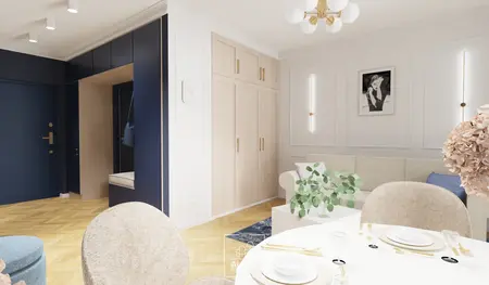 Wnętrze przedpokoju z nowoczesnym stylem, quiet luxury i tradycyjnymi elementami.
