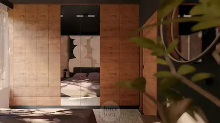 Wnętrze garderoby z eklektycznymi detalami, drewnianymi szafkami i minimalistycznym lustrem.