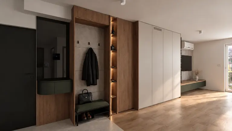 Wnętrze przedpokoju w stylu japandi z minimalistycznymi akcentami.