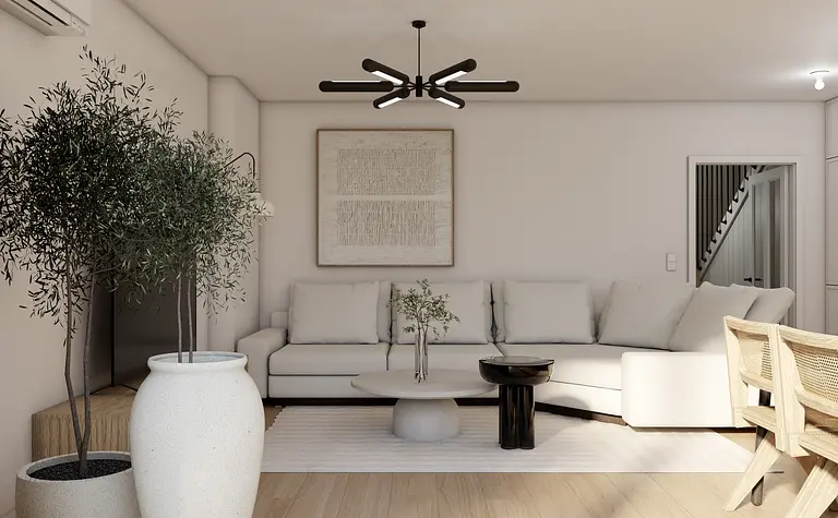 Wnętrze salonu z eklektycznym i nowoczesnym designem, jasna sofa i czarne akcenty.