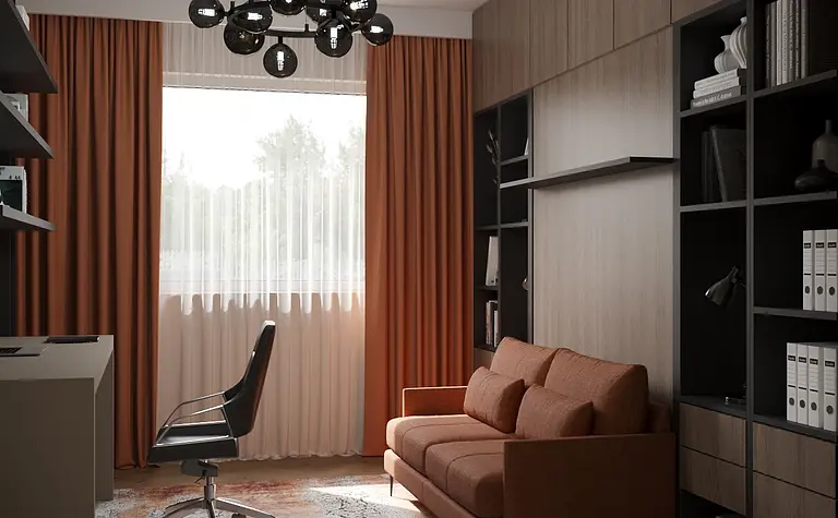 Gabinet w stylu minimalistycznym z brązową sofą, pomarańczowymi zasłonami i nowoczesnym oświetleniem.