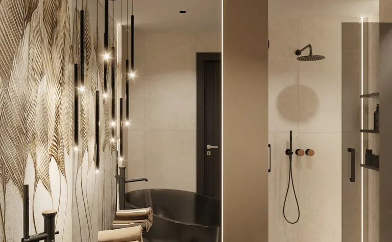 Nowoczesna łazienka w stylu art deco z czarną wanną i glamour oświetleniem.