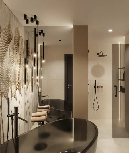 Nowoczesna łazienka w stylu art deco z czarną wanną i glamour oświetleniem.
