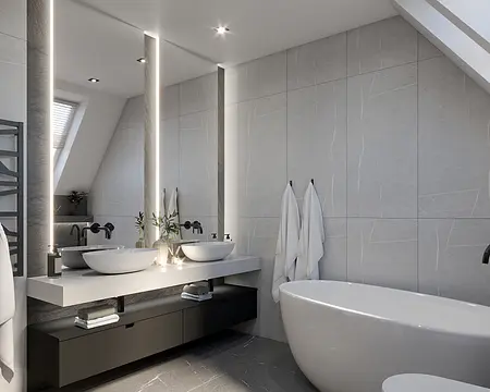 Nowoczesna łazienka z podwójnymi umywalkami, wanną i minimalistycznym stylem.