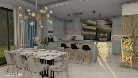 Wnętrze kuchni w stylu art deco i nowoczesnym z wyspą kuchenną i jadalnią