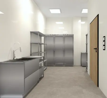 Przestronne pomieszczenie gospodarcze z metalowymi meblami, nowoczesne i skandynawskie.