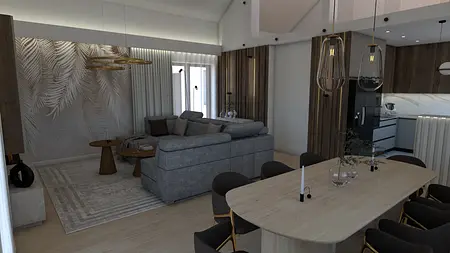 Nowoczesny salon z szarym narożnikiem i drewnianym stołem w jasnych kolorach