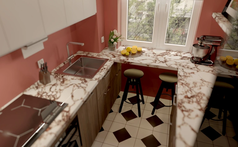 Kuchnia w stylu dopamine decor, eklektyczna, minimalistyczna, nowoczesna, współczesna z marmurowym blatem.