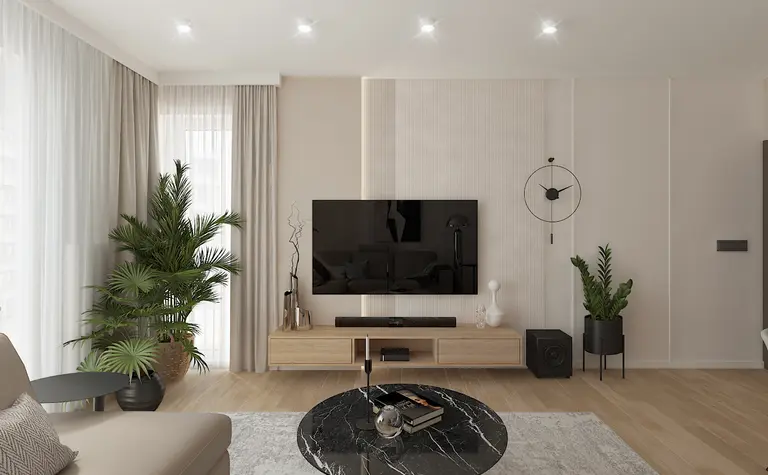 Wnętrze salonu z czarnym stołem, telewizorem i roślinami, styl minimaluxe.