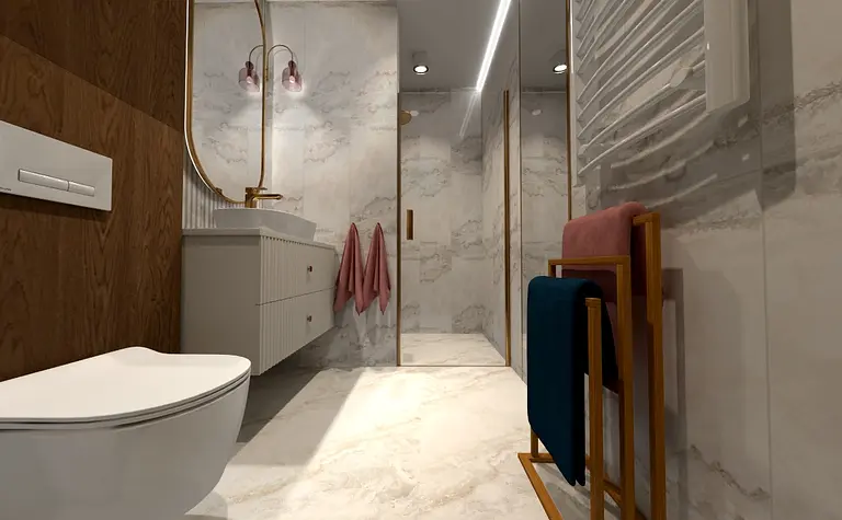 Współczesna łazienka z białymi meblami i drewnianymi detalami