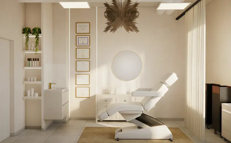 Wnętrze gabinetu z białym fotelem, certyfikatami i roślinami, styl boho, japandi, skandynawski, współczesny.