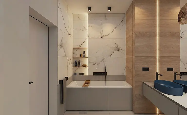 Nowoczesna łazienka minimalistyczna z marmurowymi ścianami i drewnianymi elementami.