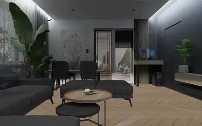 Nowoczesny salon z ciemnymi meblami, drewnianą podłogą i roślinami.
