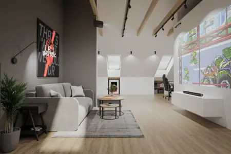 Salon z minimalistycznym wystrojem, szarymi meblami i drewnianą podłogą. Styl nowoczesny, soft minimalizm.