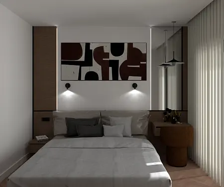 Sypialnia w stylu glamour i współczesnym z szarym łóżkiem i drewnianymi detalami.