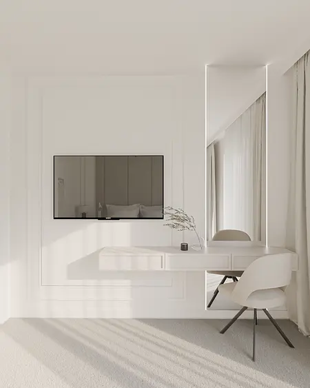 Minimalistyczne wnętrze z białym biurkiem, telewizorem i jasnymi zasłonami.