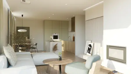 Wnętrze salonu w stylu japandi, soft minimalizm i vintage z zielonymi akcentami.