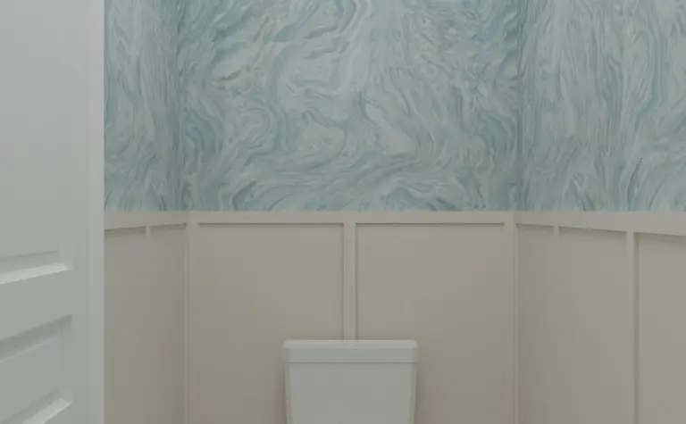 Toaleta z niebieską ścianą, białym WC, styl art deco, minimaluxe, quiet luxury.